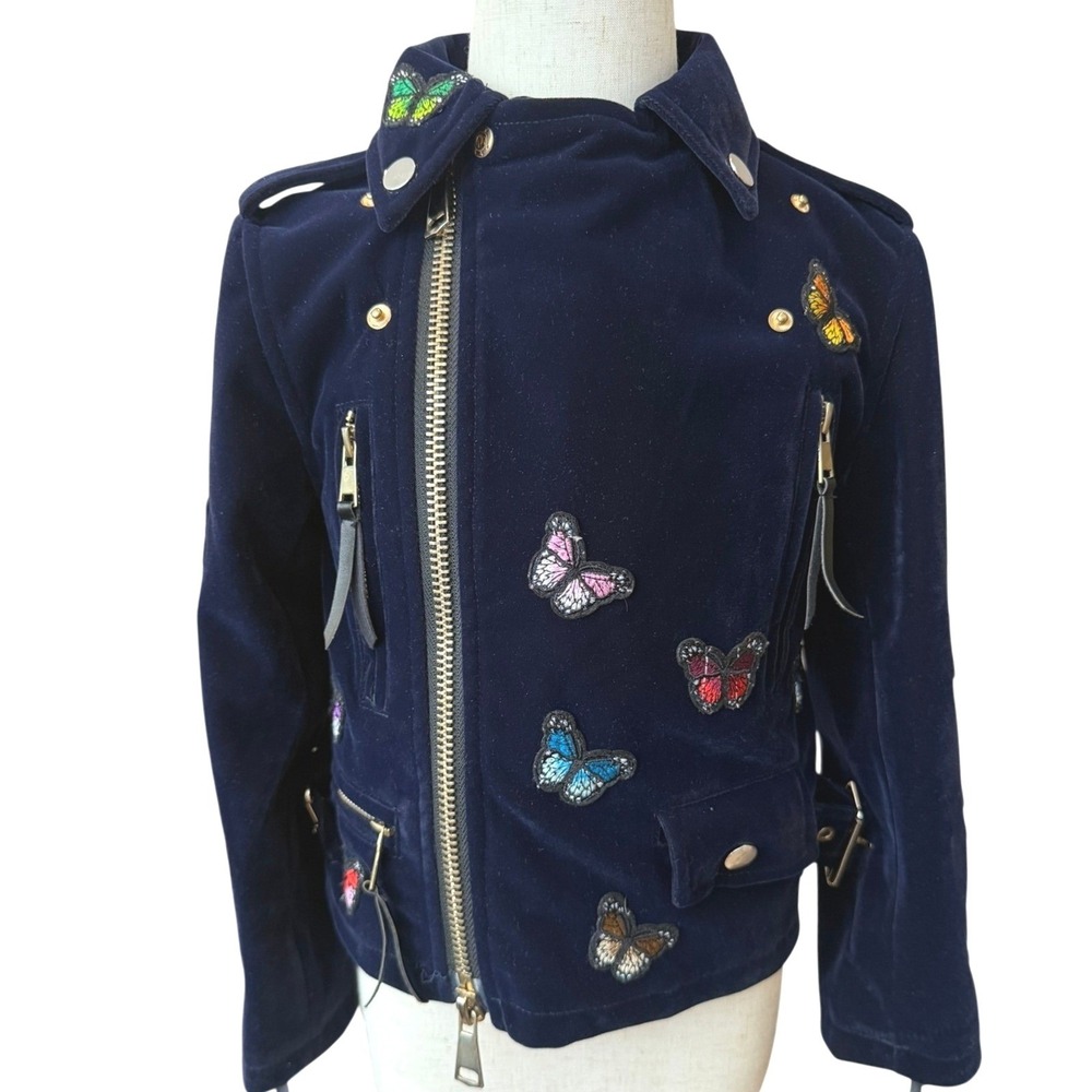 Lola + The Boys Navy Velvet Butterfly Moto Jacket - Kids Size 4